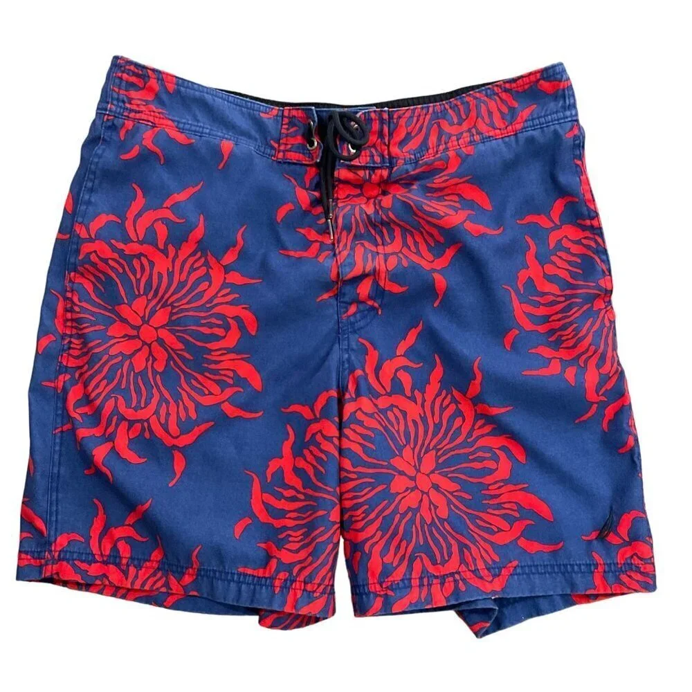 Nautica Mens M‎ Floral Tropical Swim Trunks Blue Red Coastal Beach Board Shorts